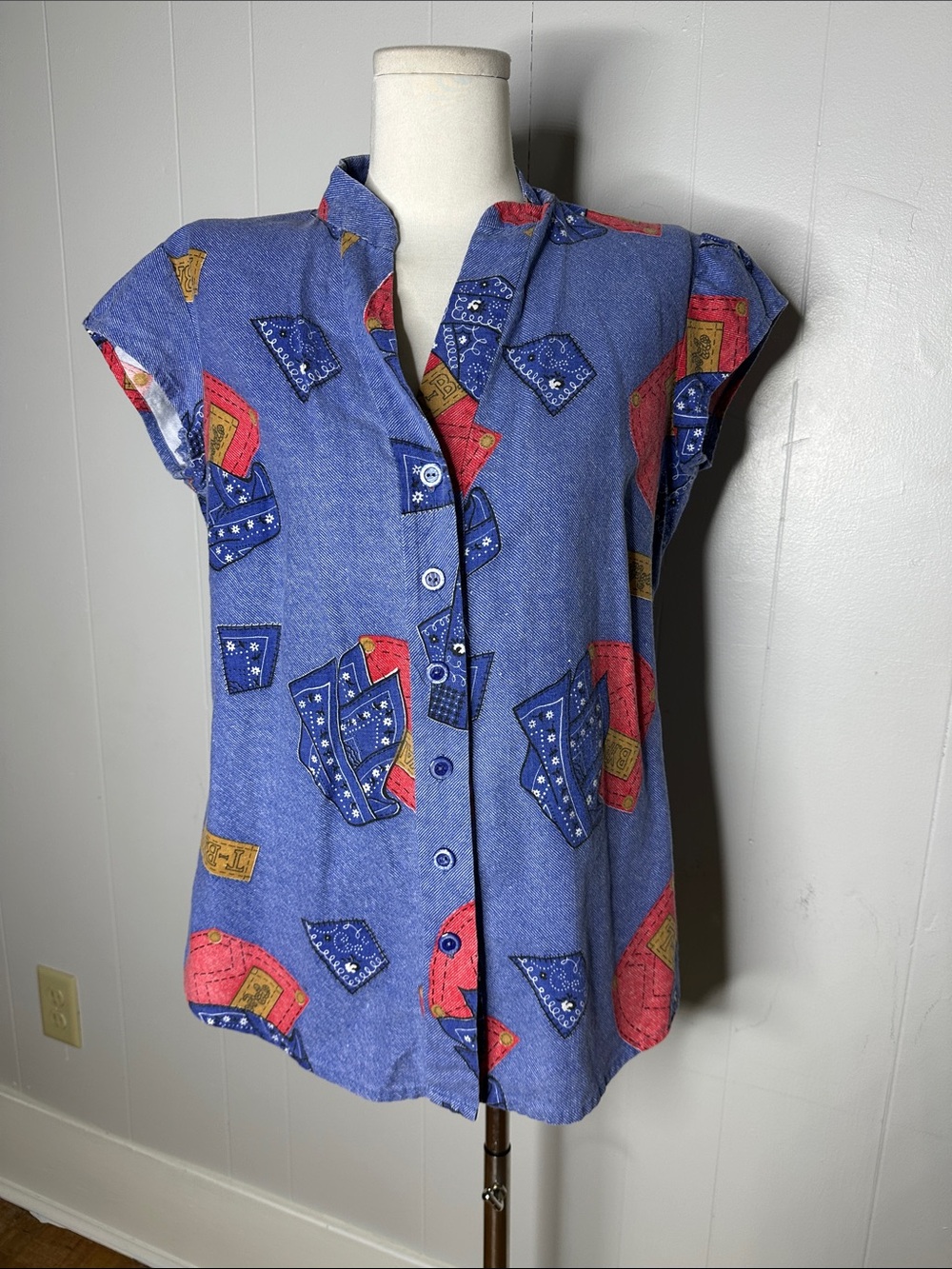 Vintage 1970s Cotton Printed Bandana Blue Jean Rodeo Western Blouse Americana